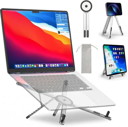Adjustable Laptop Stand for Desk with Magnetic Phone Holder, MagSafe Compatible Portable Foldable Computer Riser for MacBook, iPhone, iPad, Tablet - Perfect for Office, Home, Traveling