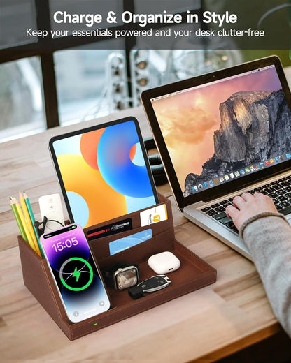 Fast Wireless Charging Station with Desk Organizer for iPhone 17/16/15/15 Pro/14/14 Pro Max/14 Pro/14 Plus/13/13 Pro Max/13 Pro/and iPhone 12/11 Series, Nightstand Desktop Organizer, Brown