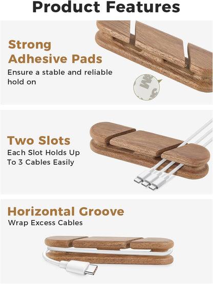 Solid Walnut Cable Holder & Cord Organizer, Adhesive Cable Clips for Desk, Under Desk, Wall, Bedside & Car, Wood Cable Management for Home Office, Phone Charging & USB Cables