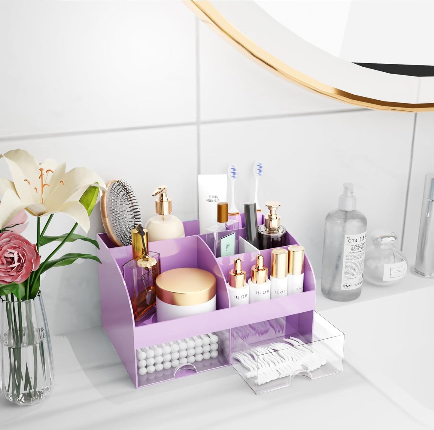 Makeup Organizer with Drawers, Cosmetic Storage for Dresser Vanity and Bathroom Countertop, Beauty Holder for Lipstick Brush, Skincare Organizer for Vanity, Cosmetic Display Case (White)