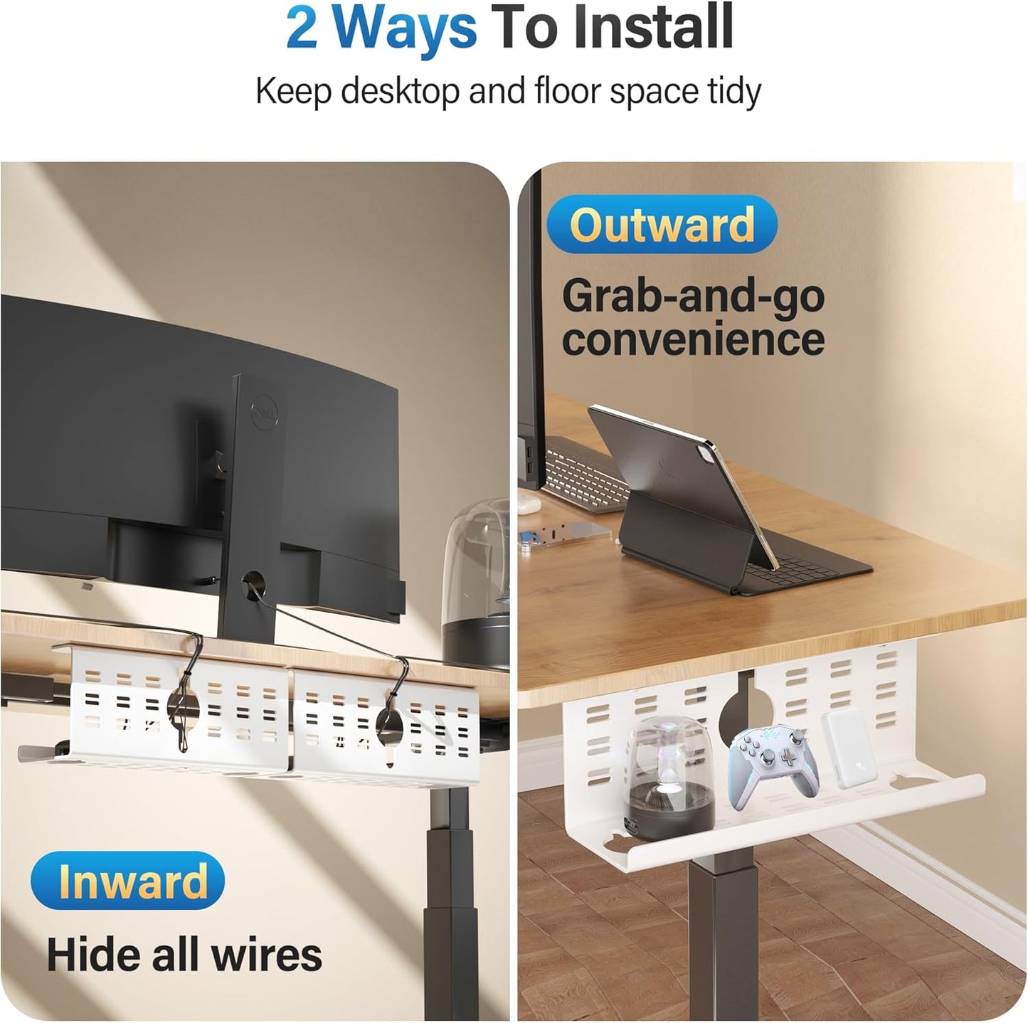 2 Pack Cable Management Under Desk Black, Cinati 32" Large Cable Management Tray, Under Desk Alloy Steel Wire Organizers, Cord Hider Tray for Office and Home - Tape or Screw Installation