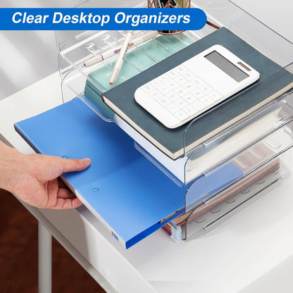 Desk Organizer and Storage,3-Tier File Paper Tray Organizers,Stackable Clear Desktop Organizer for Documents,Book Magazine Storage,Office Supplies (Clear,3 Pack)