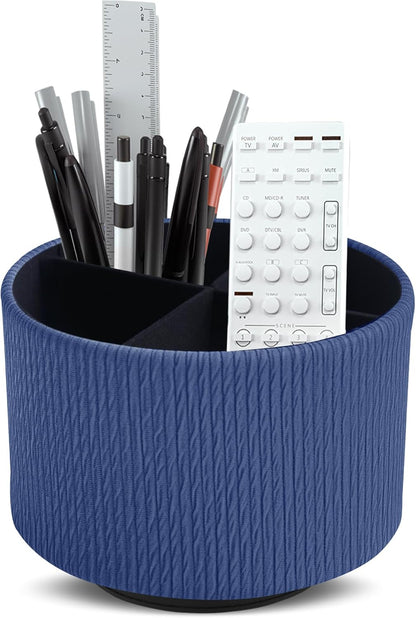 Hennaja Round Leather Art Supply Organizer,Remote Control Holder,360 Degree Rotating,Multi-Functional Pencil Holder,4 Compartments Desktop Stationary Organizer(1-Blue Bird) - Colors B