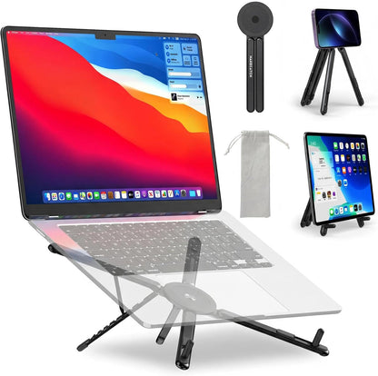 Adjustable Laptop Stand for Desk with Magnetic Phone Holder, MagSafe Compatible Portable Foldable Computer Riser for MacBook, iPhone, iPad, Tablet - Perfect for Office, Home, Traveling