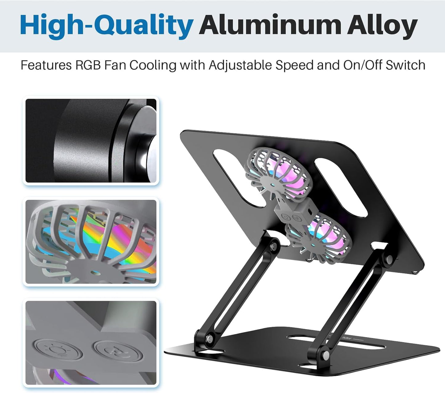 YICOSUN Adjustable Laptop Cooling Stand with 2 Quiet Fans & RGB Lighting, Aluminum Alloy & Foldable Ergonomic Design for MacBook, Lenovo, ASUS, Dell 10-16 Inch, Perfect for Gaming, DJ, Office - Silver