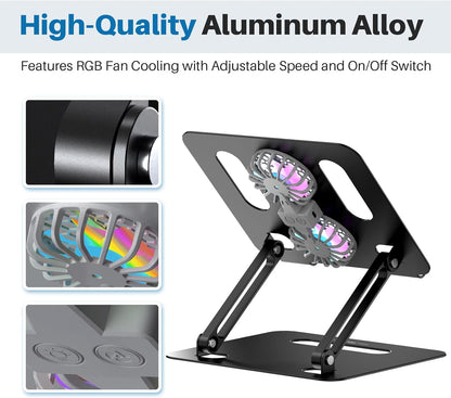 YICOSUN Adjustable Laptop Cooling Stand with 2 Quiet Fans & RGB Lighting, Aluminum Alloy & Foldable Ergonomic Design for MacBook, Lenovo, ASUS, Dell 10-16 Inch, Perfect for Gaming, DJ, Office - Silver