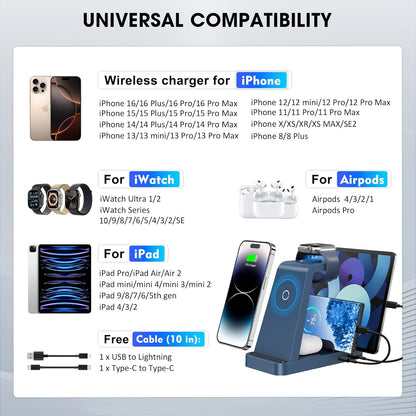 Wireless Charger for iPhone - 5 in 1 Charging Station for Multiple Devices Apple: Fast Wireless Charging Stand Dock for iPhone 17 16e 16 15 14 13 12 Pro Max Apple Watch Airpods