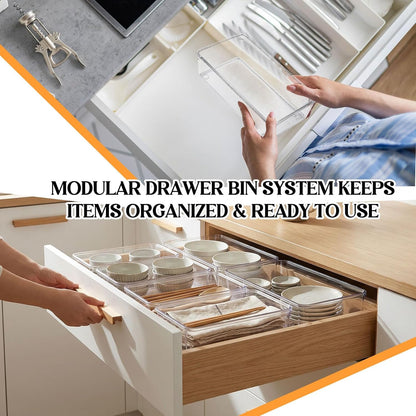 Maitys 12 Pcs Clear Drawer Organizer 9 x 3 x 2 Inches Plastic Rectangle Trays Makeup Vanity Storage Bins and Kitchen Drawers Dividers for Office Desk Silverware Kitchen Utensils(Clear)