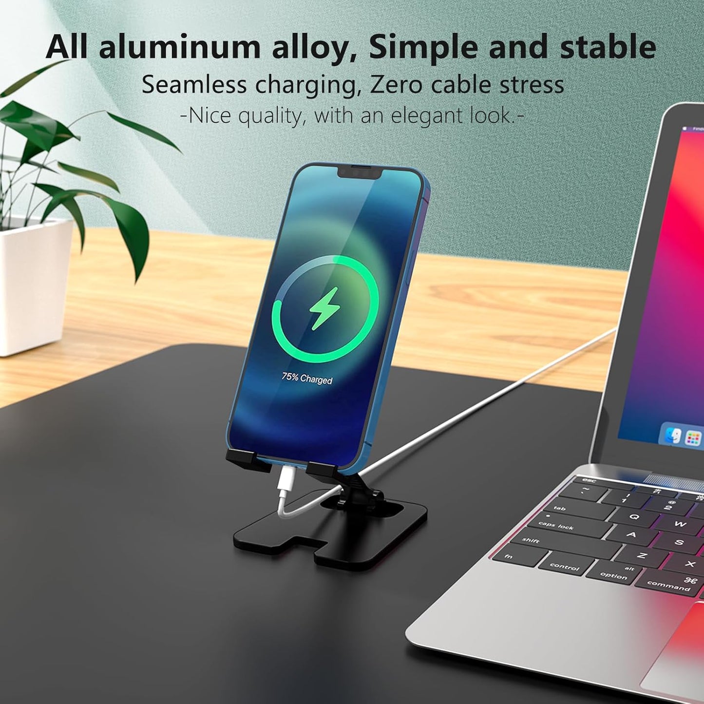 Amzpas Adjustable Cell Phone Stand Metal, Foldable Desktop Cellphone Stand with Anti-Slip Base and Convenient Charging Port, for Phone 17 16 15 14 13 12 11 Pro Xs Xs Max Xr X 8, All Phones
