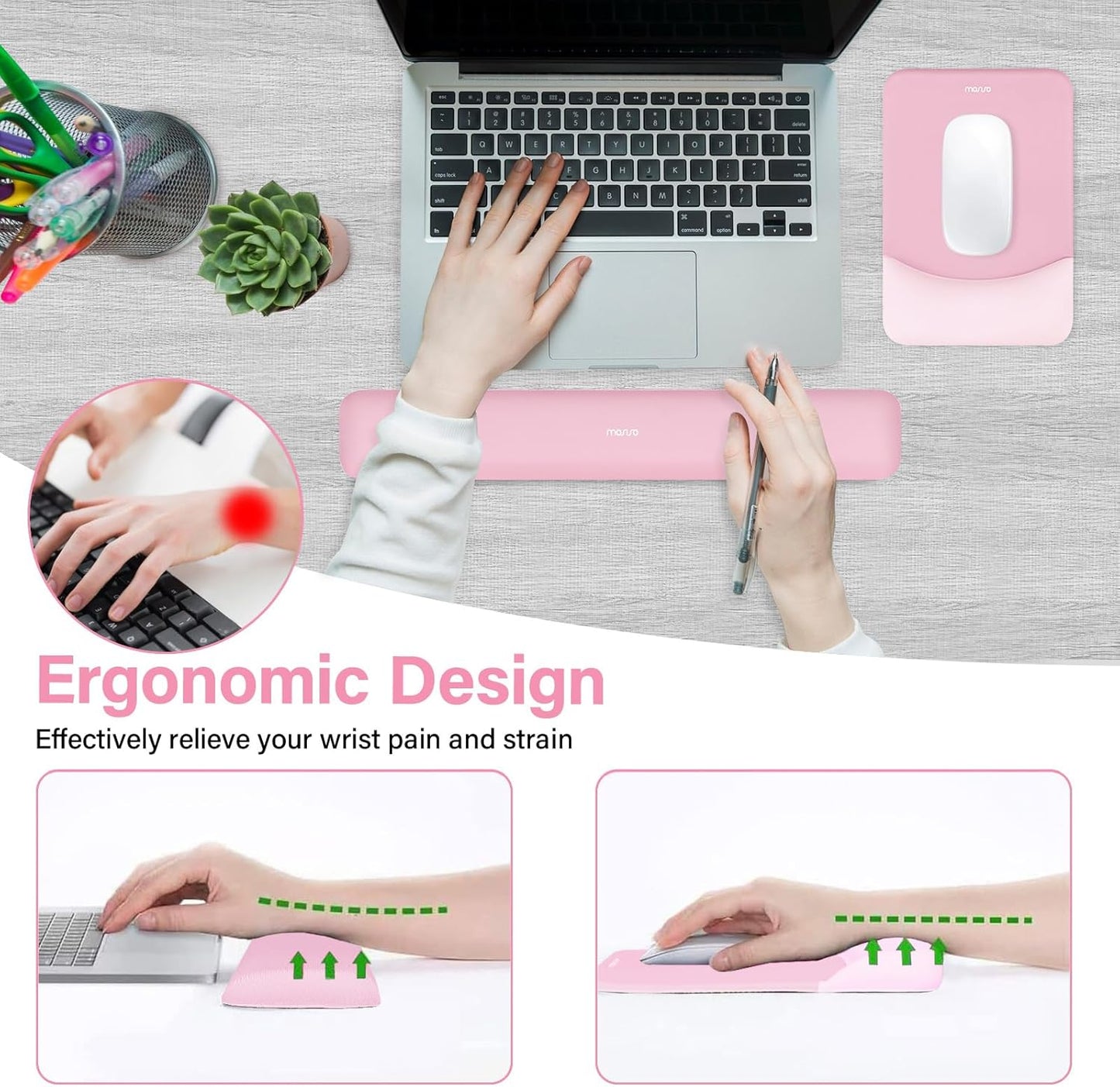 MOSISO Wrist Rest Support for Mouse Pad&Keyboard Set, Rectangular Ergonomic Mousepad Non-Slip Base Home/Office Pain Relief&Easy Typing Pad with Neoprene Cloth&Raised Silicone Lining, Green