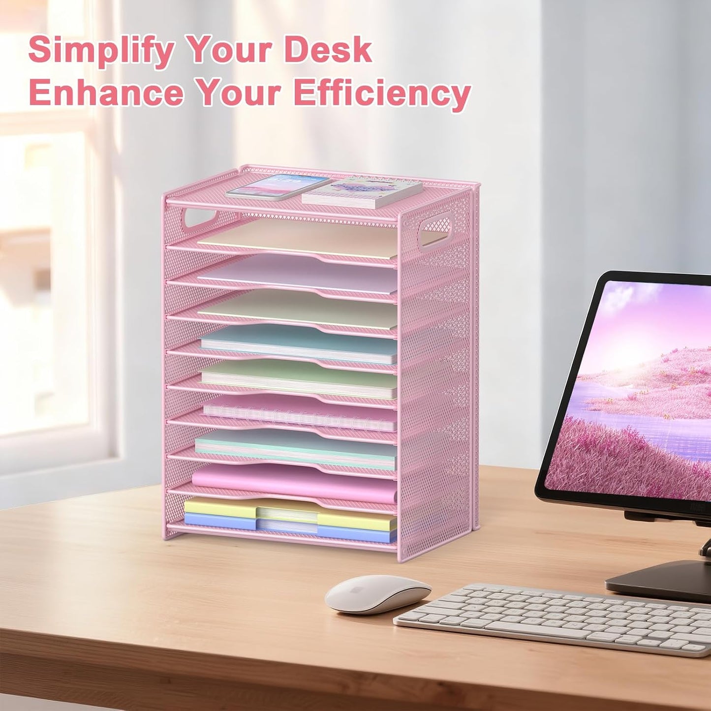 OUTWOLF 10 Tier Paper Organizer - Letter Tray Mesh Desk File Organizer with Handles for Office School Desktop, Black