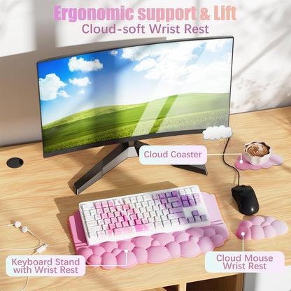 Ergonomic Wrist Rest for Keyboard and Mouse, Soft Memory Foam Cloud Keyboard Stand Pad with Wrist Rest Set, Easy Typing, Pain Relief, Comfort for Office, Work, Gaming - White
