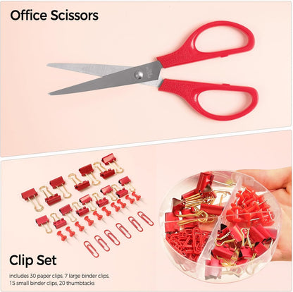 SKYDUE Pink Desk Accessories 10Pcs, Rotating Pen Holder for Desk, Stapler, Staple Remover, Tape Dispenser,2pcs Tape Refills, Binder Paper Clips Kit, Scissor,Pink Office School Supplies