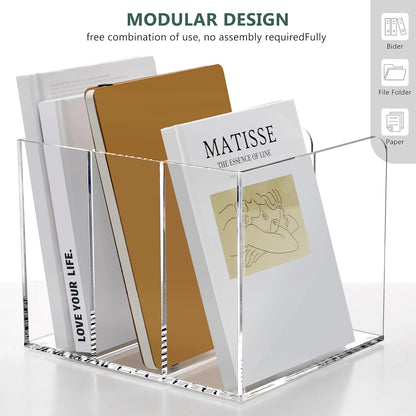 SANRUI Acrylic Magazine Holder Desk Organizer Workspace Sorters，Clear Bookend File Sorter Holder，Folder Rack, Office Accessories Organization Storage with 3 Vertical Compartments