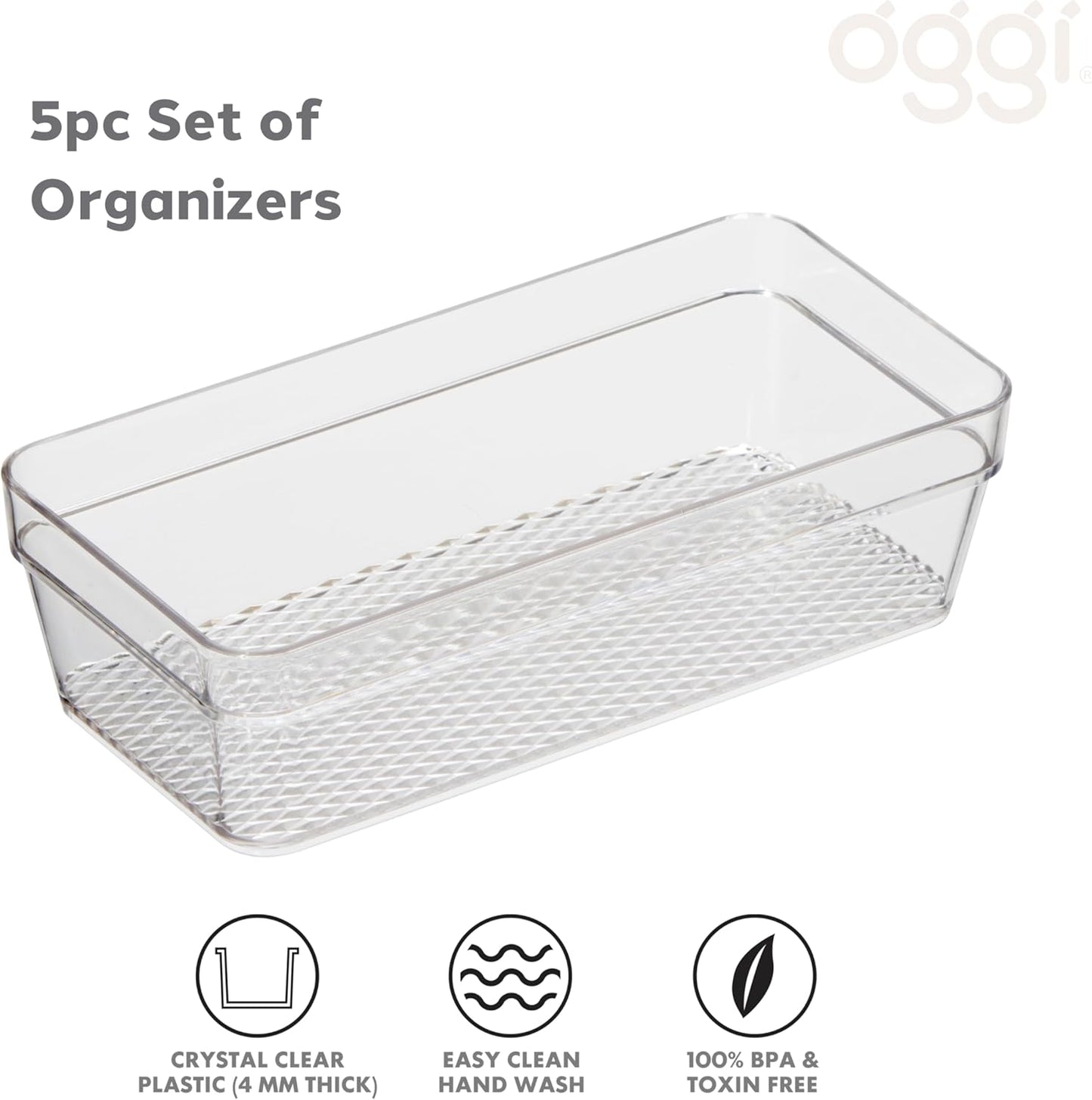 Oggi Set of 5 Clear Drawer Organizers - (1) 3x6.25, (2) 3x9.5, (2) 3x12.5 - Ideal for Organizing Kitchen Drawers, Office, Desk, Silverware, Kitchen Utensils, Cosmetics and Bathrooms