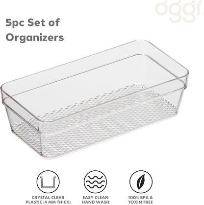 Oggi Set of 5 Clear Drawer Organizers - (1) 3x6.25, (2) 3x9.5, (2) 3x12.5 - Ideal for Organizing Kitchen Drawers, Office, Desk, Silverware, Kitchen Utensils, Cosmetics and Bathrooms