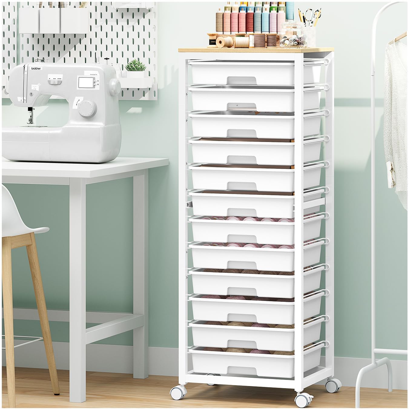 SYKIARIOL Rolling Storage Utility Cart with 6 Drawers and Wooden Tabletop for Under Desk Storage,White