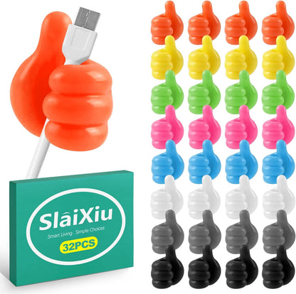 slaixiu 32PCS Creative Silicone Thumbs Up Wall Hooks - Self-Adhesive Cord & Cable Clips for Charging Cables, Wires & Pencils, Organizer for Desk, Office, Home