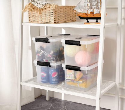 Stackable Plastic Black Storage Bins with Lids 6 Pack, 12 Quart Modular Organizer Boxes with Secure Latches for Closet, Pantry, Office and Small Item Storage