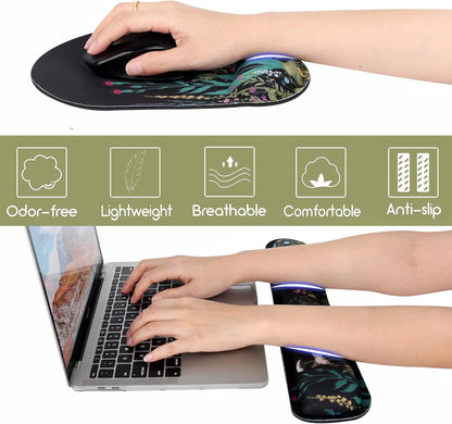 Ergonomic Mouse Pad with Wrist Rest and Keyboard Wrist Rest, Memory Foam Wrist Rest for Computer Keyboard, Easy Typing, Pain Relief, Mouse Pad Wrist Support for Gaming,Office, Laptop, Black Flower
