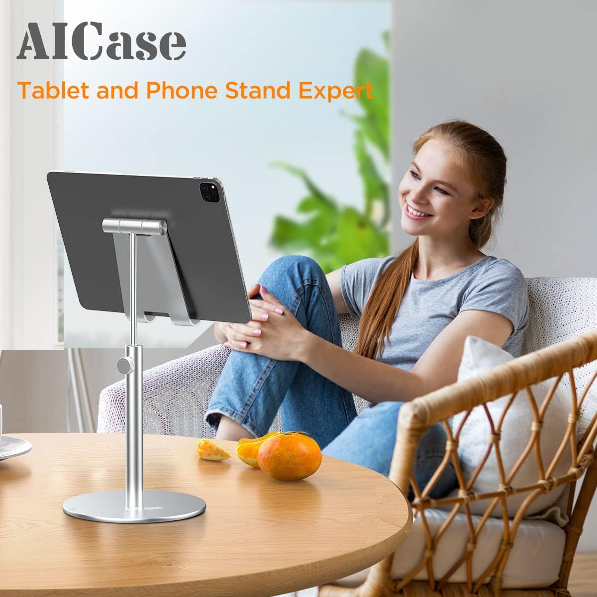 AICase Telescopic Adjustable iPad Holder,Universal Multi Angle Aluminum Stand Compatible with iPhone Smart Cell Phone/Tablet/iPad(4-13 inch), Silver