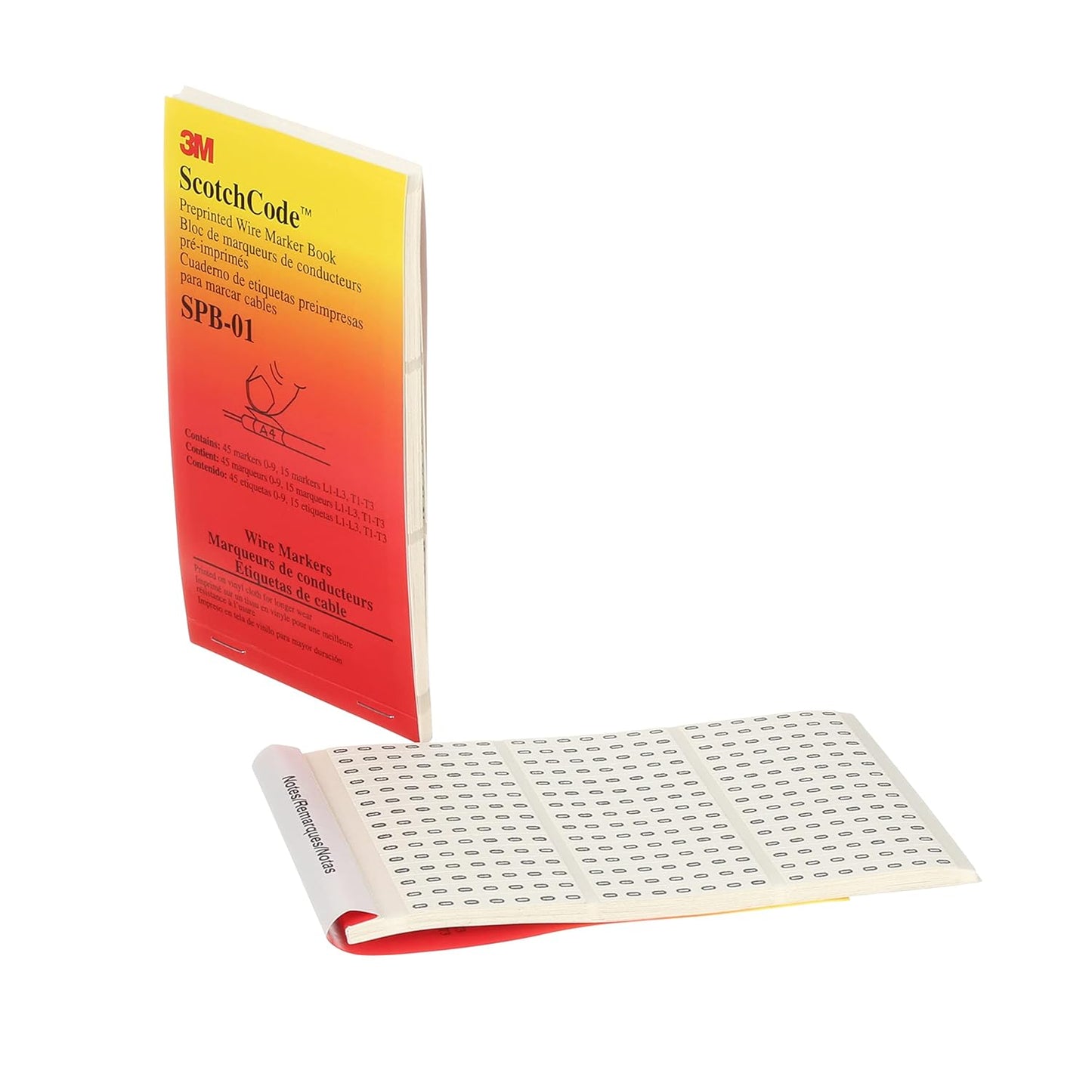 3M ScotchCode Pre-Printed Wire Marker Book SPB-03, Vinyl Coated, Black Printed Numbers (10) each 1–45, White Background Highlights Characters, 1 Book