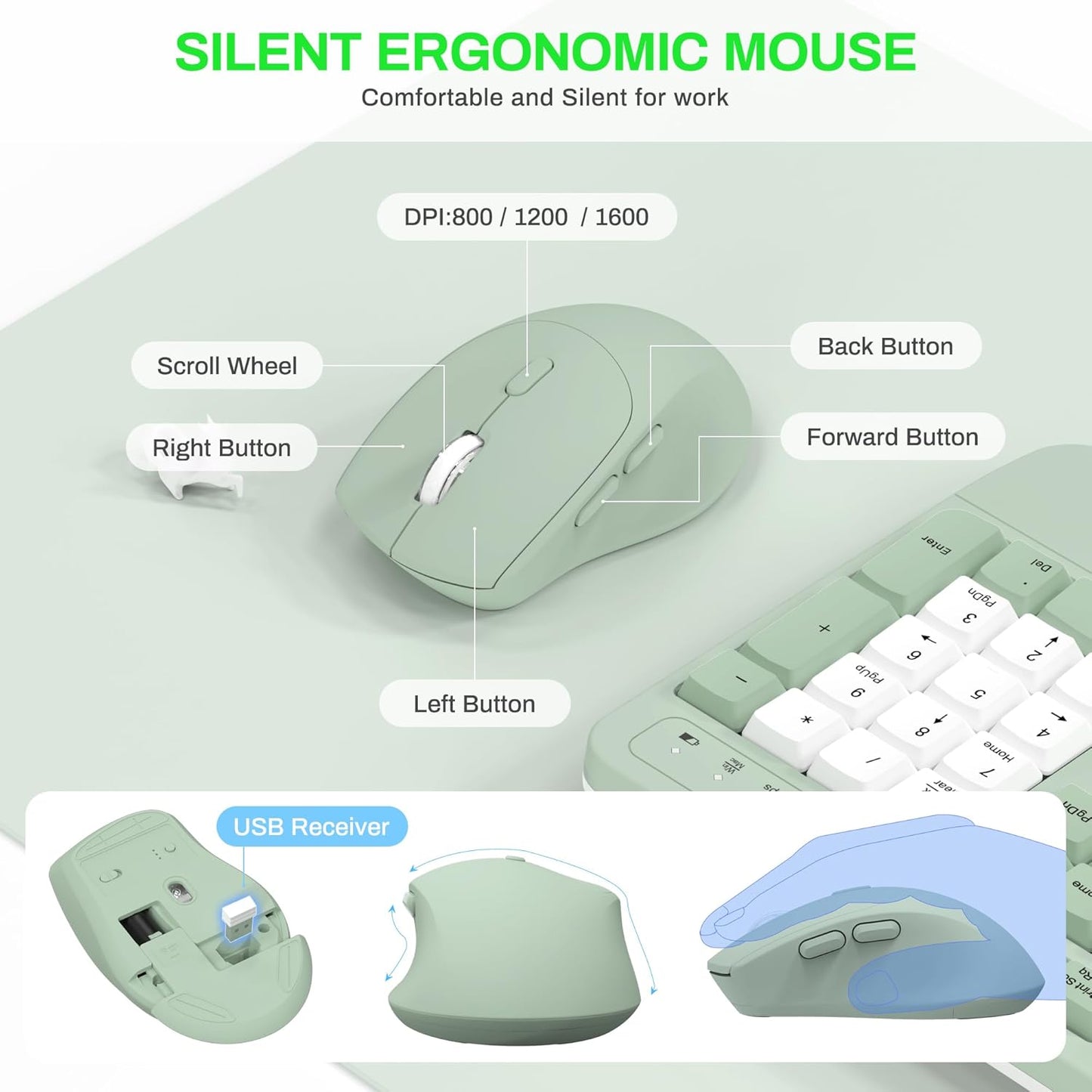 Wireless Keyboard and Mouse Combo,2.4G Full Size Wave Keys Ergonomic Keyboard with Wrist Rest for Natural Typing, 3 DPI Adjustable Ergonomic Silent Mouse for Computer/Laptop/Windows/Mac (Gray)