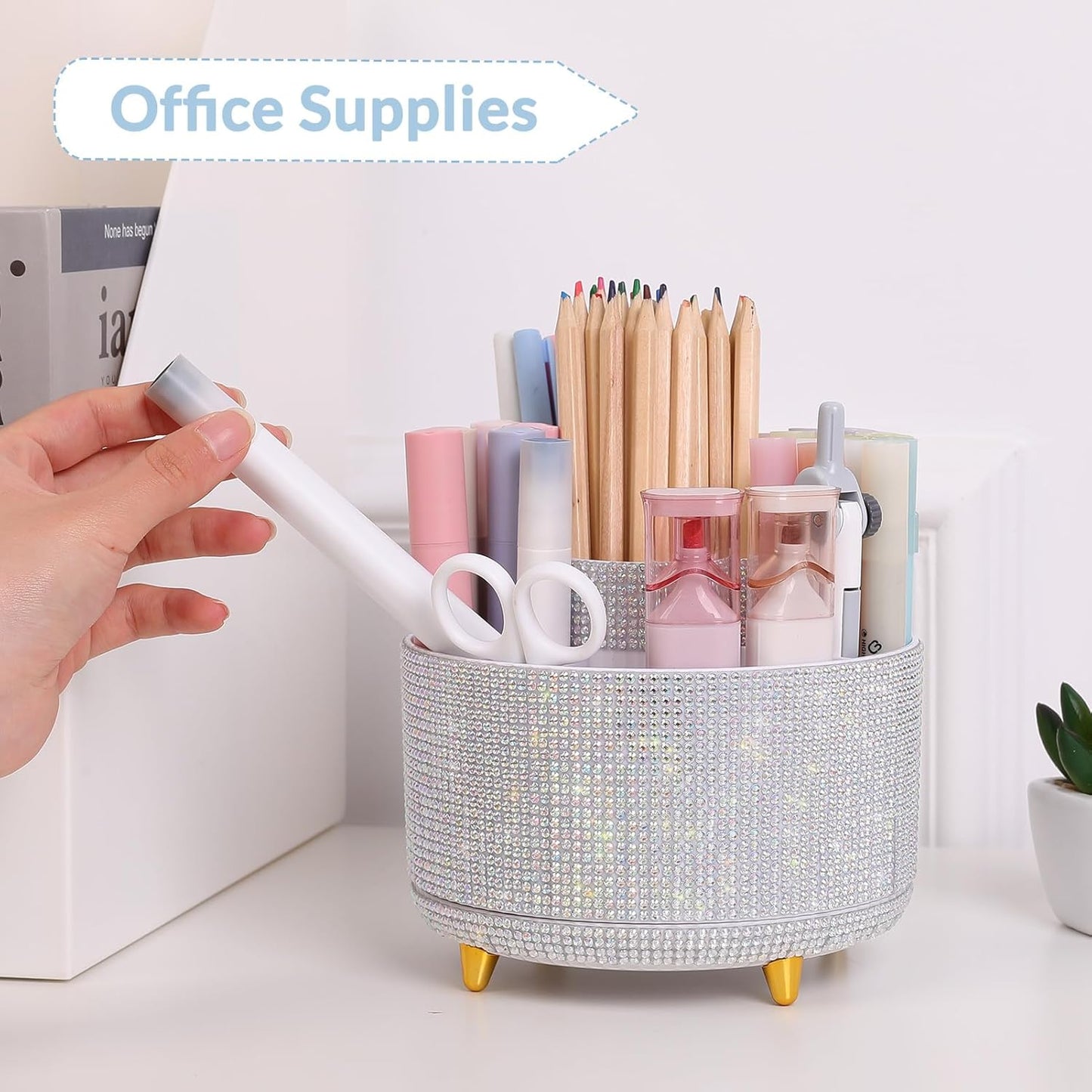 SKYDUE 360 Rotating Multipurpose Organizer - Cute Rotating Pen Holder with 5 Slots for Art Supplies, Office, School, Home