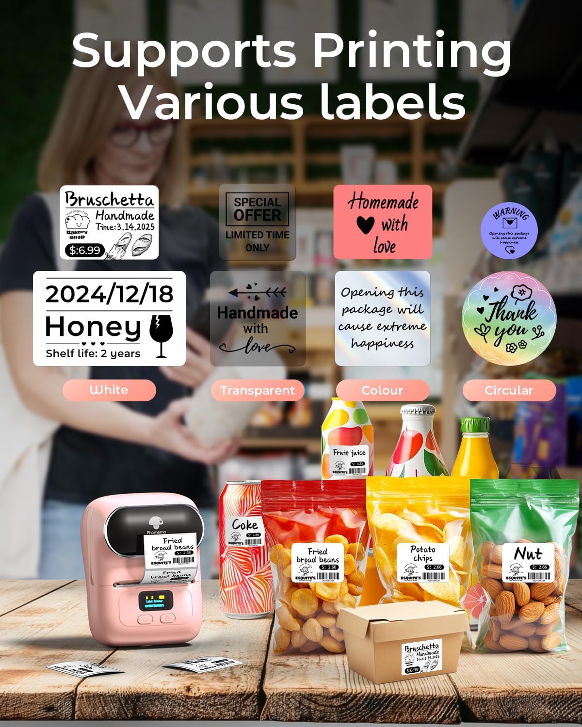 Phomemo M110 Label Makers - Barcode Label Printer Bluetooth Label Maker Portable Thermal Printer for Small Business, Address, Barcode, Logo, Clothing, Mailing, Sticker Printers for Phone & PC, Black