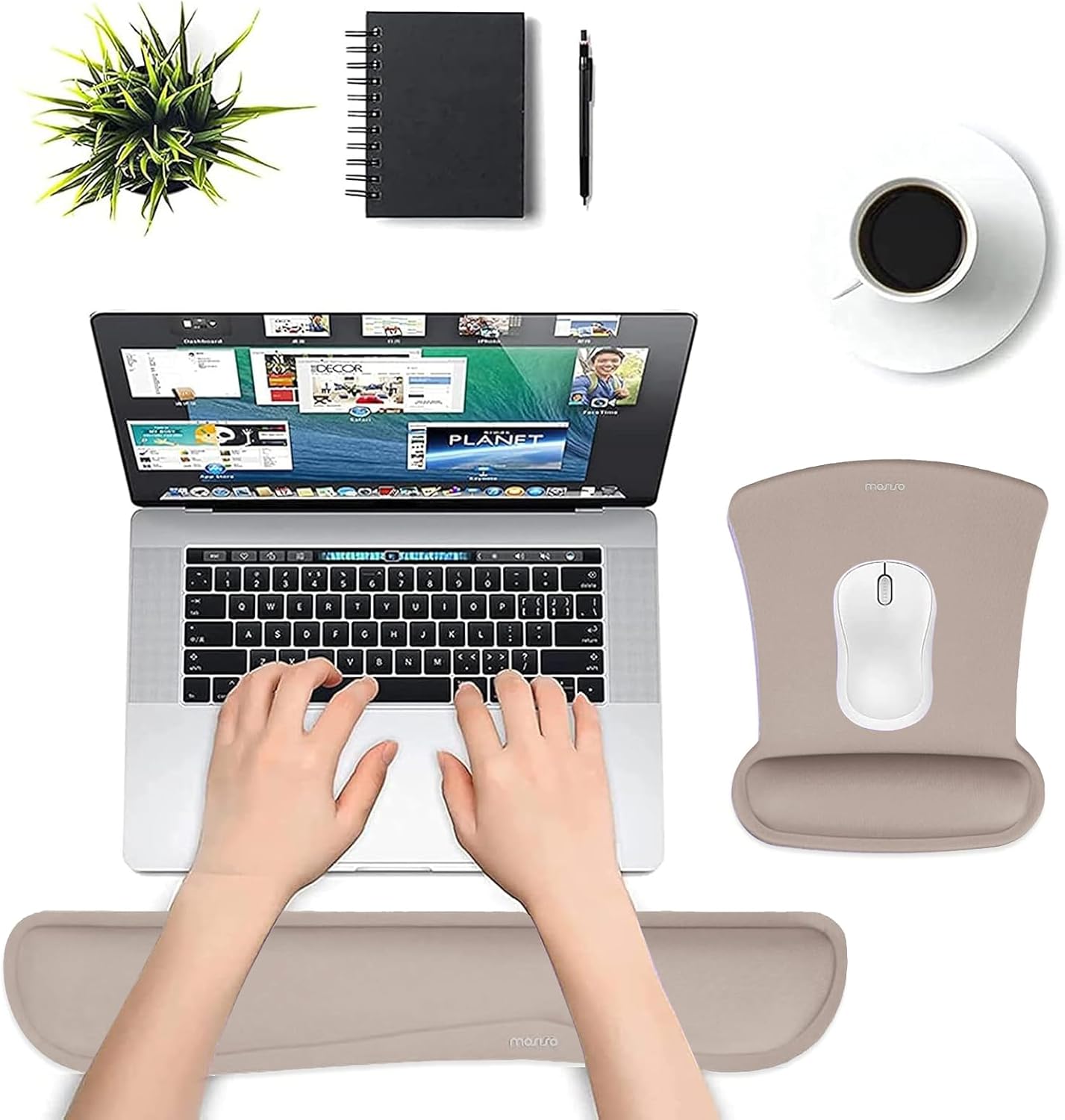 MOSISO Wrist Rest Support for Mouse Pad & Keyboard Set, Ergonomic Mousepad Non-Slip Base Home/Office Pain Relief & Easy Typing Cushion with Neoprene Cloth & Raised Memory Foam, Apricot