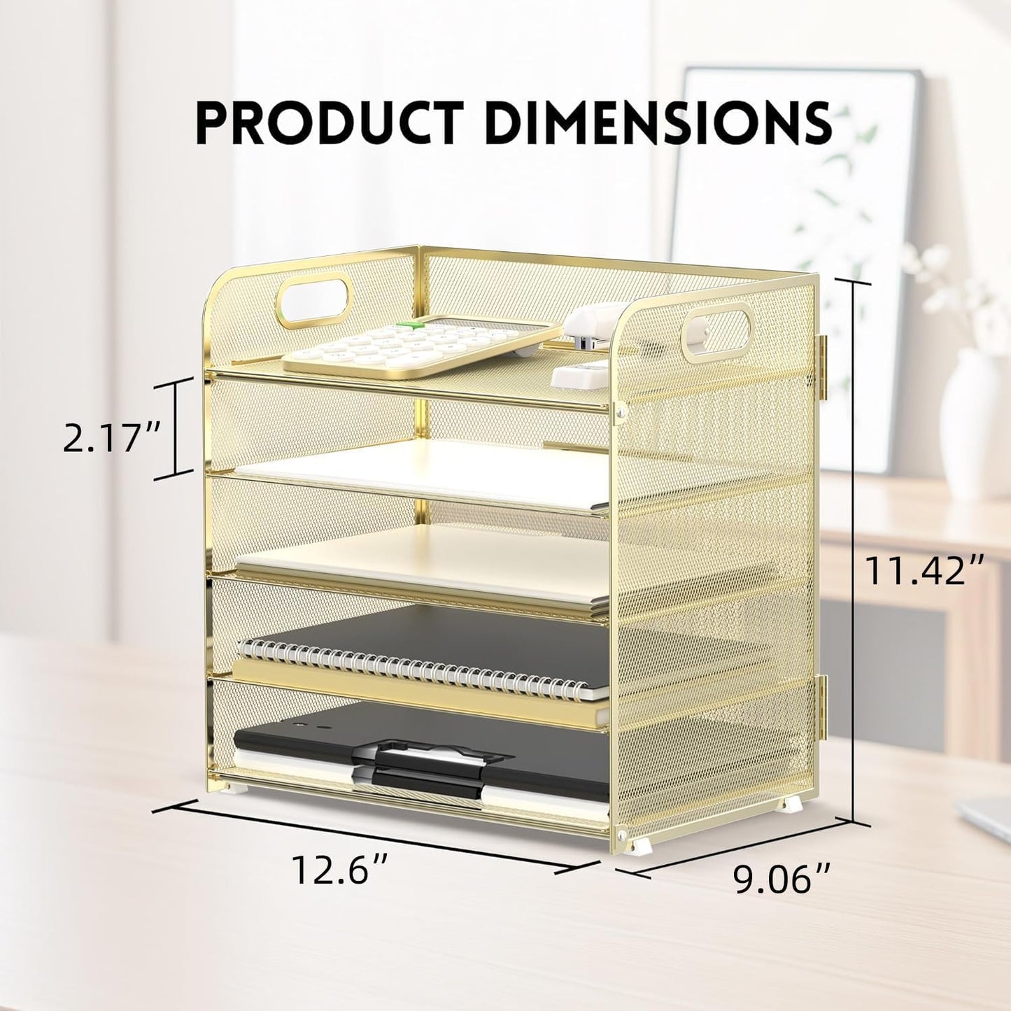 Supeasy 5 Trays Paper Organizer Letter Tray with Handle-Mesh Desk File Holders, Paper Sorter Desk Organizer for Office, Home, Classroom or School, White