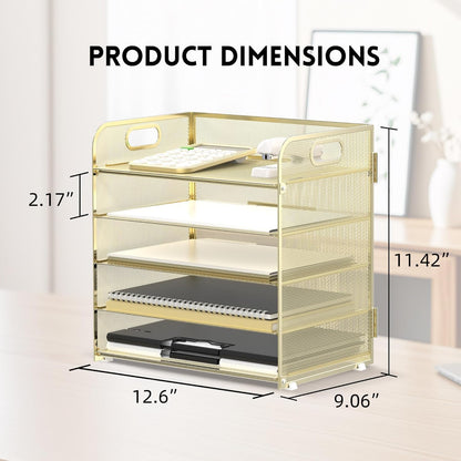 Supeasy 5 Trays Paper Organizer Letter Tray with Handle-Mesh Desk File Holders, Paper Sorter Desk Organizer for Office, Home, Classroom or School, White