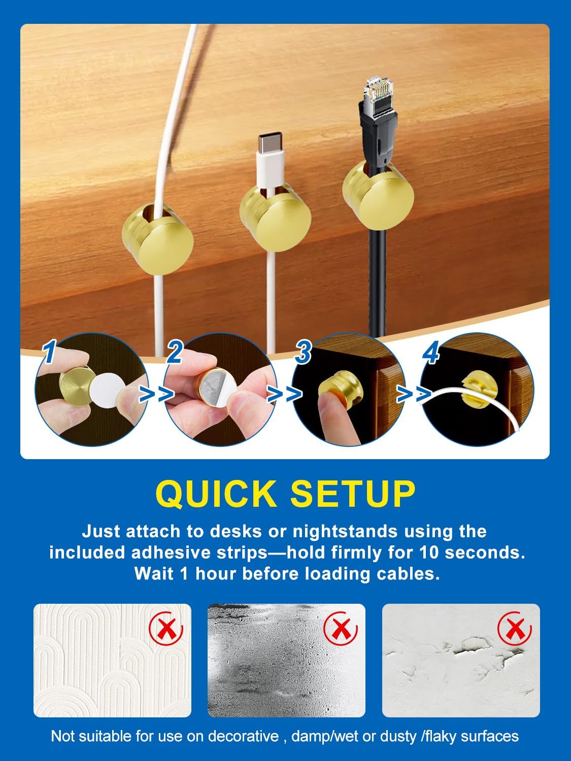 3 Pack Upgraded Cord Management Clips with Extra-Large Adhesive Base, Stronger Hold Phone Charger Holder for Nightstand, Premium Aluminum Gold Sticky USB Wire Organizer Cable Clips for Desk