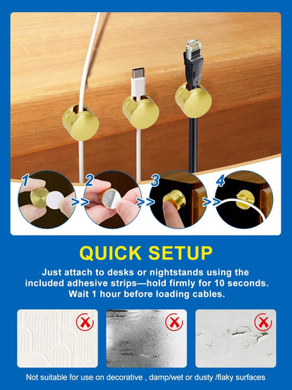 3 Pack Upgraded Cord Management Clips with Extra-Large Adhesive Base, Stronger Hold Phone Charger Holder for Nightstand, Premium Aluminum Gold Sticky USB Wire Organizer Cable Clips for Desk