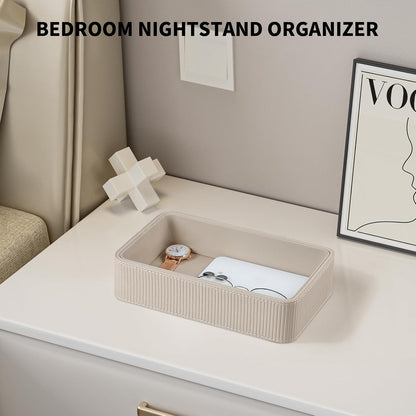 PU Leather Valet Tray Organizer, Small Nightstand Organizer Bedside Desktop Storage for Womens and Men, Perfume Trinket Catchall Vanity Tray for Key Watch Wallet (Beige, Rectangular)