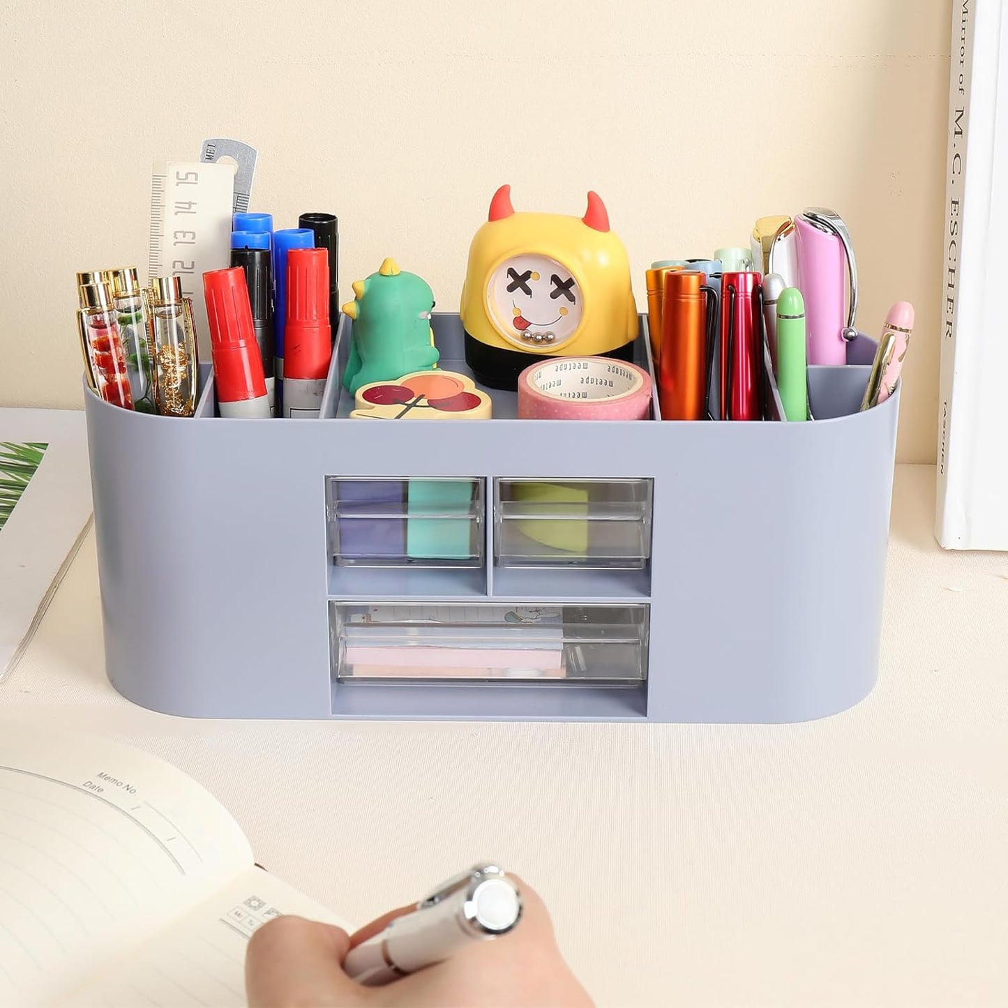 INSTOME Pencil Pen Holder for Desk with 3 Drawers - All-In-One Desk Organizer - Perfect Desk Accessories for Office Use - Stylish & Convenient Desk Organizers and Accessories (Beige)