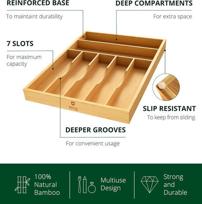 ROYAL CRAFT WOOD Luxury Bamboo Kitchen Drawer Organizer - Silverware Organizer, Utensil Holder & Cutlery Tray Drawer Dividers for Flatware (9 Slot, Natural)