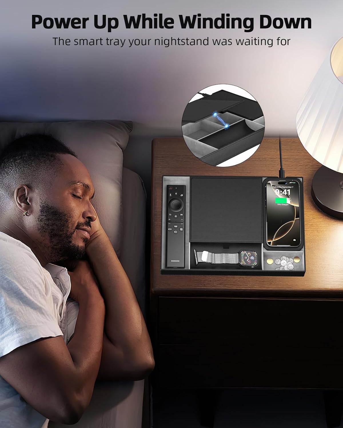 Valet Tray, Built in Wireless Charging Pad, Nightstand Organizer, Dresser Organizer, Mens Jewelry Box, Valet Charging Station, Faux Leather Valet Tray for Men and Women (Black+Wireless)