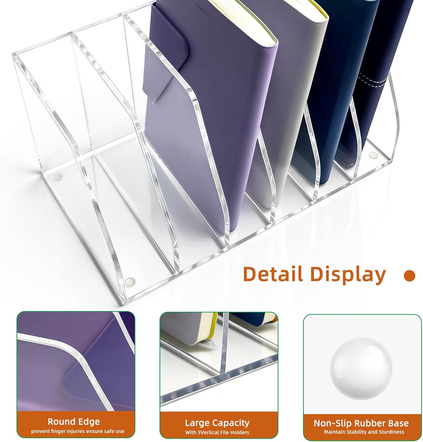 Acrylic Magazine File Holder, 4 Vertical Compartments Desk Document Sorter Organizer, Clear Folder Rack Binder for Office, Documents, Tablets, Magazines, Books – Home/Classroom Rack