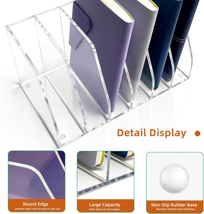 Acrylic Magazine File Holder, 4 Vertical Compartments Desk Document Sorter Organizer, Clear Folder Rack Binder for Office, Documents, Tablets, Magazines, Books – Home/Classroom Rack