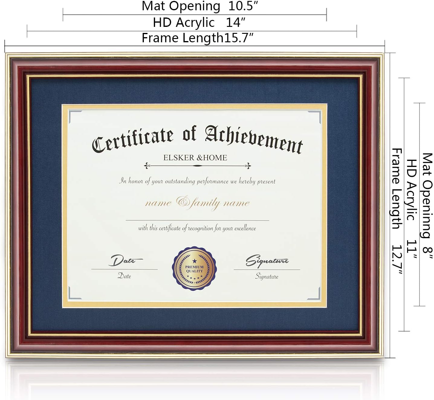 ELSKER&HOME Diploma Frame - Wide Solid Wood Frame - Black Velvet Golden Rim Mat - Semi-Tempered Glass - Includes Hanging Hardware and Desktop Easel(ONLY Display 11×14 Document/Certificate)
