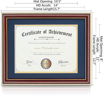 ELSKER&HOME Diploma Frame - Wide Solid Wood Frame - Black Velvet Golden Rim Mat - Semi-Tempered Glass - Includes Hanging Hardware and Desktop Easel(ONLY Display 11×14 Document/Certificate)