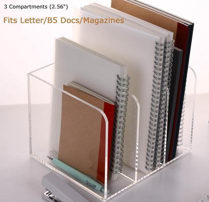 YUXUN Acrylic Desk File Organizer - 3 Section Vertical File Folder Rack, Clear Desktop Sorter for Home/Office/Classroom, Holds Magazines, Binders, Notebooks, Envelopes & Documents