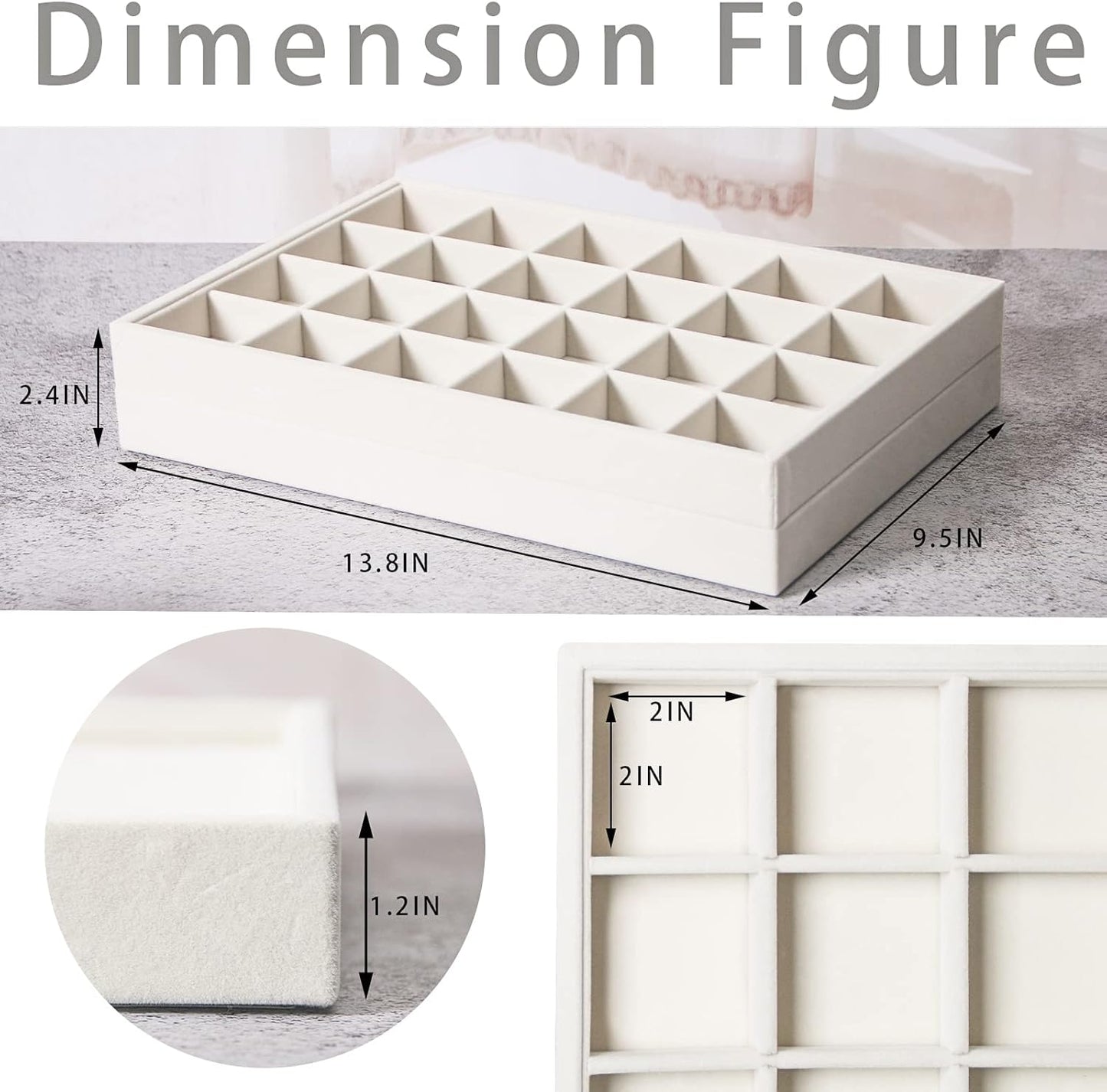 Coward Stackable Jewelry Trays Organizer Set with Clear Lid, Trays for Drawer, Earring Necklace Bracelet Ring Display Organizer (beige(ring+12girds+30girds+The glass lid))