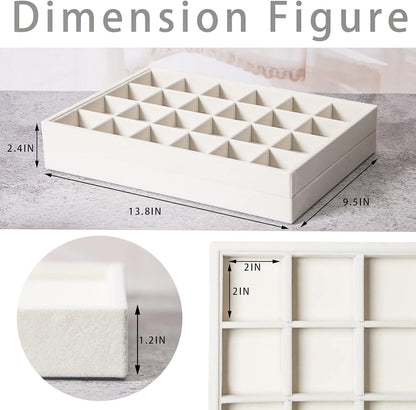 Coward Stackable Jewelry Trays Organizer Set with Clear Lid, Trays for Drawer, Earring Necklace Bracelet Ring Display Organizer (beige(ring+12girds+30girds+The glass lid))