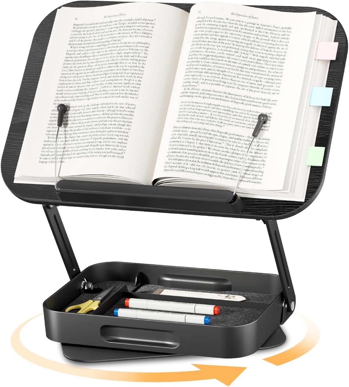 Adjustable Book Stand with Storage Drawer, 360° Rotating Book Holder, Height & Angle Adjustable, Extra-Wide Page Clips for Thick Books, Wood & Aluminum Book Stand for Desk, Study, Kitchen