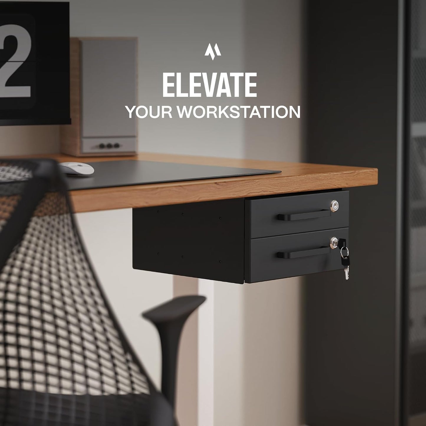 Under Desk Drawer Slide-Out – Lockable Metal Storage Drawers with Cable Management for Office & Home (Double, Bracketed)