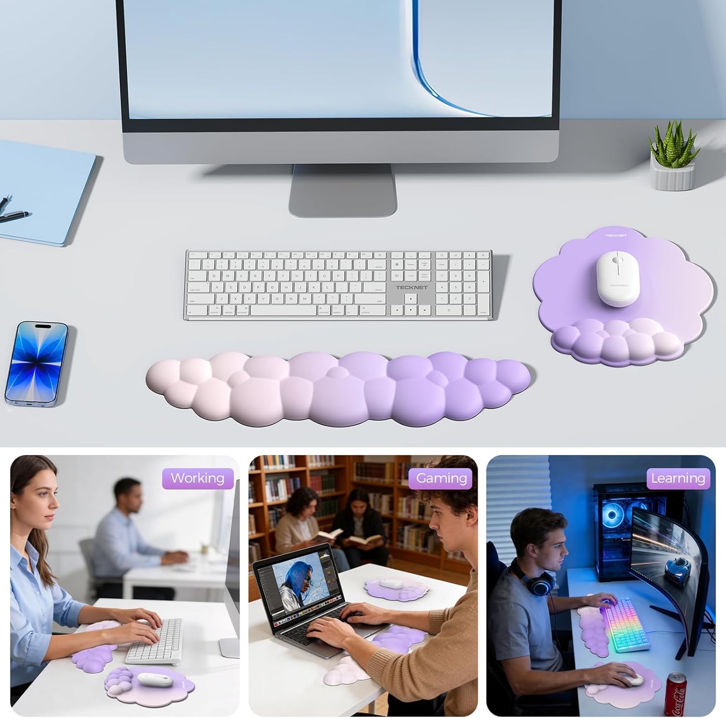 TECKNET Cloud Mouse Pad with Wrist Rest, Ergonomic Cloud Wrist Rest with Non-Slip Base, PU Leather Memory Foam Mouse Pad Wrist Support for Keyboard and Mouse, Pain Relief for Typing, Gaming, White