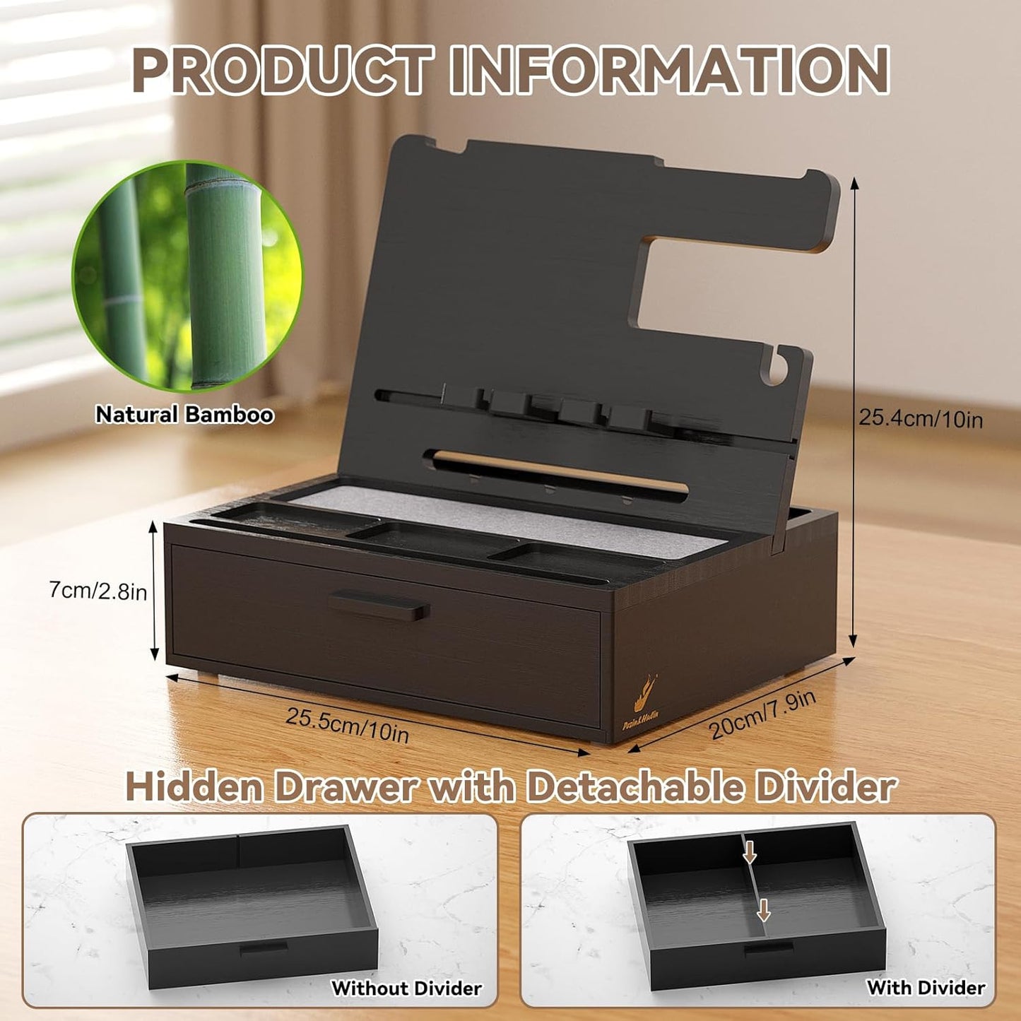 Pezin & Hulin Wooden Charging Station, Bedside Nightstand Tray, with Spacious Drawer, Felt Pads for Phones, Watch, Idea Gifts for Him Birthday, Son, Christmas for Papa Fathers Day (Nature)