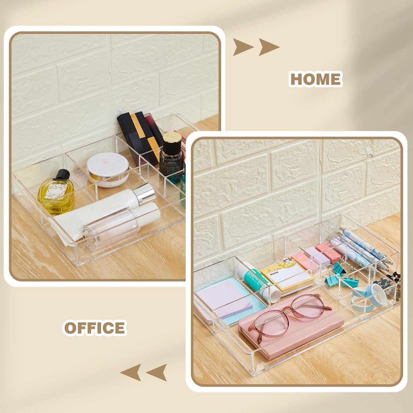 Briwooody 3 Pcs Clear Acrylic Desk Drawer Organizer 13.7 x 8.7 x 2 Inch Drawer Organizer Trays with 8 Compartments Desk Accessories for Office Makeup Silverware Bathroom